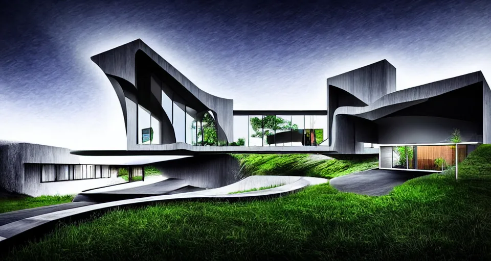 Image similar to a beautiful architecture concept art of modern home connected with nature, digital art by ando tadao, angular, architecture, elegant, ultrafine hyperdetailed, bright colors, detailed and intricate environment