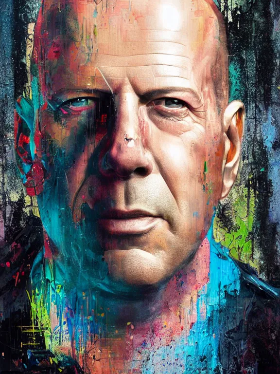 Prompt: art portrait of Bruce Willis,8k,by tristan eaton,Stanley Artgermm,Tom Bagshaw,Greg Rutkowski,Carne Griffiths,trending on DeviantArt,face enhance,hyper detailed,minimalist,cybernetic, android, blade runner,full of colour,