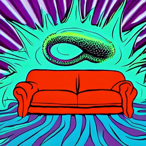 Image similar to couch sofa chesterfield flying through space psychedelic trippy eldritch horror cartoon