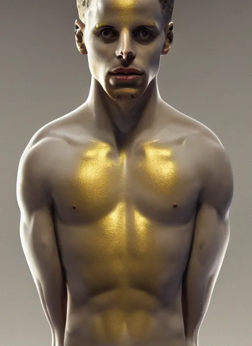 Image similar to a statue made of white marble with gold veins, of steph curry with water, transhumanism, full body shot, perfect symmetrical body, perfect symmetrical face, hyper realistic, hyper detailed, by johannen voss, by peter kemp, by monia merlo, by michelangelo, octane render, blender, 8 k