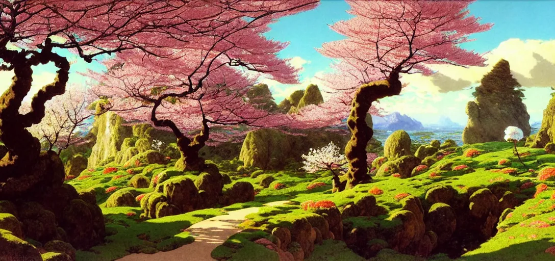 Image similar to ghibli illustrated background of a strikingly beautiful landform with strange rock formations and cherry blossoms by vasily polenov, eugene von guerard, ivan shishkin, albert edelfelt, john singer sargent, albert bierstadt 4 k