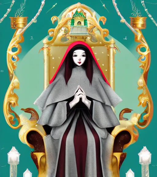 Prompt: beautiful female character inspired by venice carnival, christmas and nun | | digital artwork made by greg rutswork, anna dittmann, rosdraws and lois van barlee, symmetrical, anatomically correct, sitting on throne