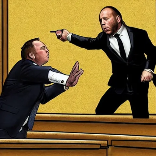 Image similar to alex jones fighting alex jones in a courtroom, golden ratio, renaissance painting,