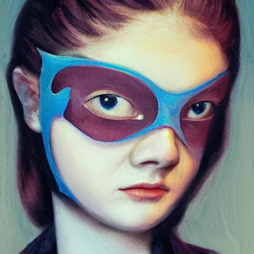 Prompt: Elle Fanning wearing a mask over her eyes in the style of Paola Vetri, head and shoulders portrait, stormy weather, extremely detailed masterpiece, oil on canvas, low-key neon lighting, artstation, Blade Runner 2049, Roger Deakin’s cinematography, by J. C. Leyendecker and Peter Paul Rubens and Edward Hopper and Michael Sowa,