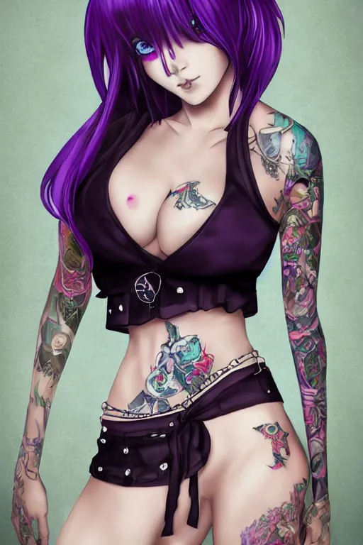 Image similar to kerli koiv anime goth girl with tattoos purple hair in mini skirt and crop top intricate, full body, extremely detailed, artstation, 8 k, sensual lighting, incredible art, wlop, artgerm