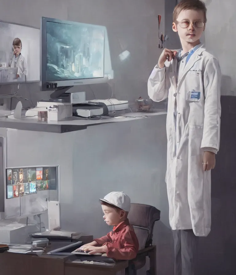 Image similar to a portrait of a smart child in a white coat in front of a computer and screens in a painting from stalenhag, 4 k, 8 k, hdr, artstation