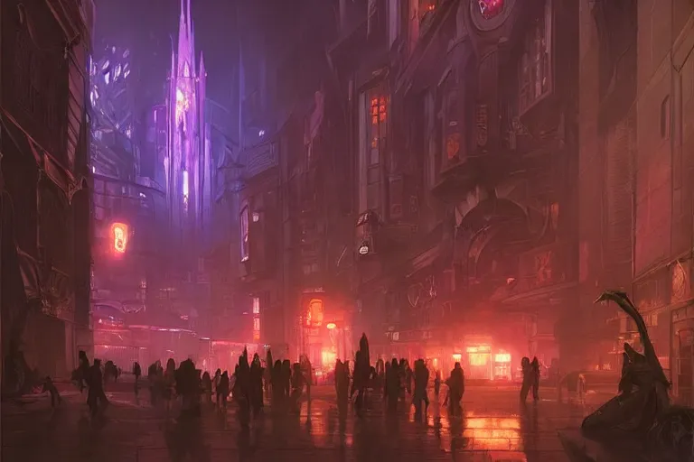 Prompt: Hogwarts cyberpunk city, neon lighting, night city, digital art from artstation by Ruan Jia and Mandy Jurgens and Artgerm and william-adolphe bouguereau and Greg Rutkowski and Wayne Barlowe