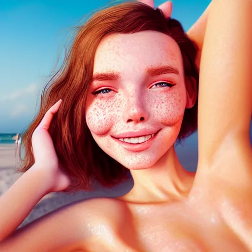 Image similar to portrait of a cute thin young woman, red blush, cute freckles, smug smile, modern clothes, relaxing on the beach, golden hour, close up shot, 8 k, art by irakli nadar, hyperrealism, hyperdetailed, ultra realistic