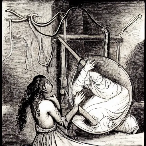 Prompt: placid, melancholic craquelure, chiaroscuro by alison bechdel, by george cruikshank, by leonardo da vinci. a illustration of woman entangled in the pipes and cables in a datacenter with computers