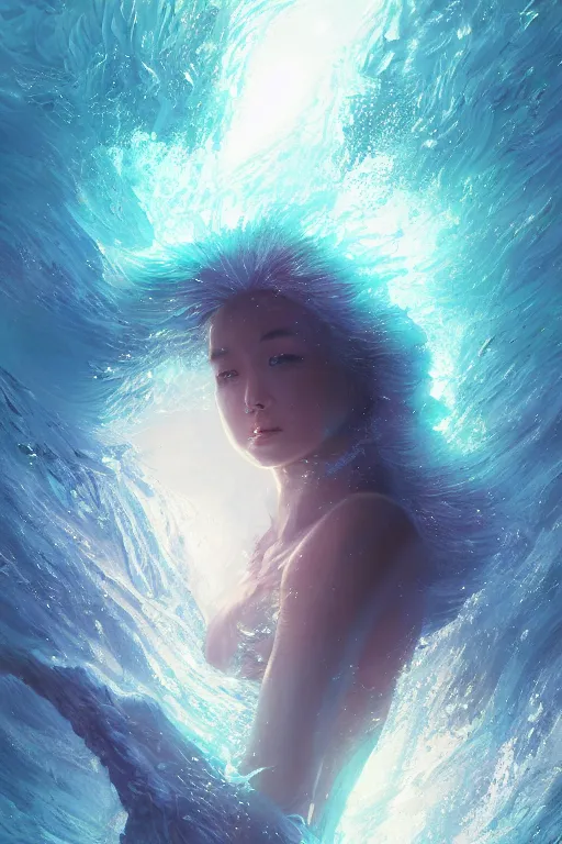 Prompt: A fancy portrait of a crystalized ocean by Greg Rutkowski, beeple, Sung Choi, Mitchell Mohrhauser, Maciej Kuciara, Johnson Ting, Maxim Verehin, Peter Konig, final fantasy, macro lens, 35mm, 8k photorealistic, cinematic lighting, HD, high details, dramatic, dark atmosphere, trending on artstation