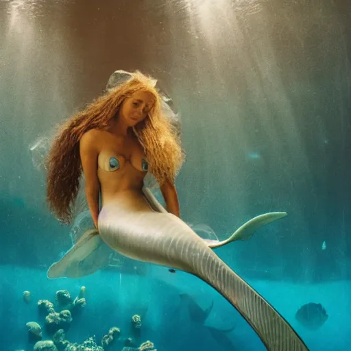 Image similar to a mermaid swimming past a futuristic underwater dome city