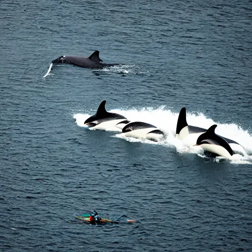 Image similar to an overhead, national geographic photo of a lone kayaker being circled by a group of Orcas. 85MM lens, f1.8