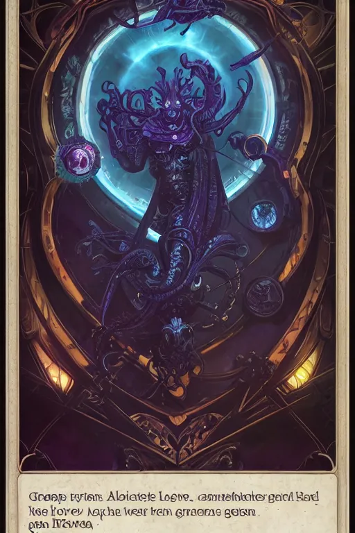 Image similar to Boardgame card back, sci-fi, horror, cyberpunk, ornamental edges, sharp, intricate, symmetrical, Lovecraftian, purple, gold, black and blue, tzeentch, by greg rutkowski and alphonse mucha, 8k, trending on artstation