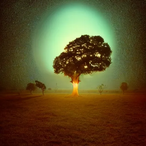 Prompt: beautiful ancient alien oak tree in a misty sky, supernova remnants of a spotless biosholden sky, trending on artstation a farm of disco balls, by beeple and james gurney