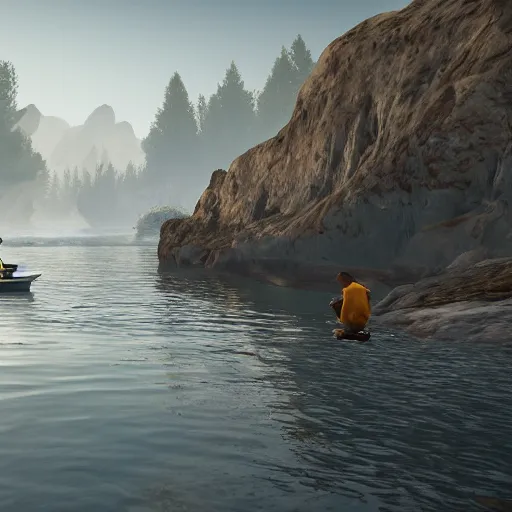 Prompt: Fishermen can be seen fishing at the beginning of the episode as the French Narrator explains their dangerous effects on aquatic species, Realistic, HDR, 8K, HDD, Unreal Engine 5,