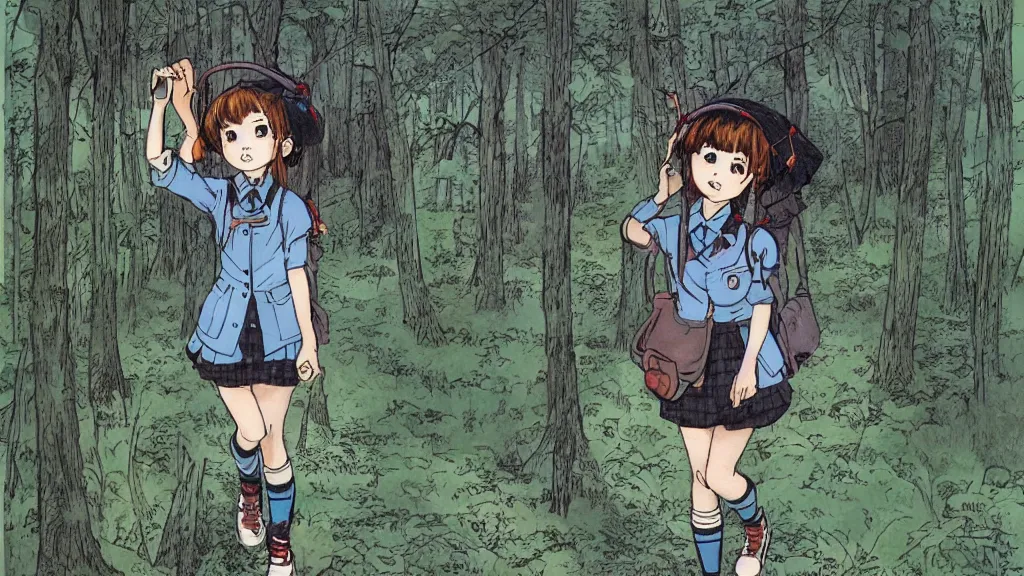 Image similar to cute schoolgirl walk in the forest, in style of katsuya terada,
