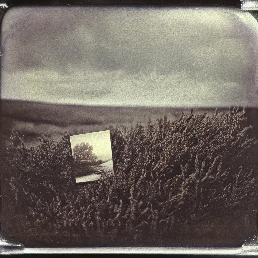 Prompt: daguerreotype polaroid photo of an sea monster in the heather on the north yorkshire moors