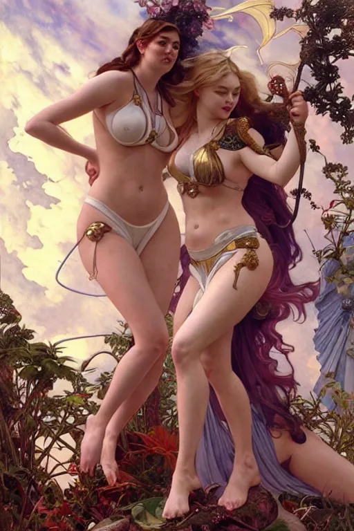 Prompt: kate upton and dakota fanning in the immaculate conception as goddesses with huge massive booties, doing squats in sling string bikinis, very sweaty, seductive cyberpunk dark fantasy, art by artgerm and karol bak and moebius and alphonse mucha and greg rutkowski, hyperdetailed, ultrarealistic, octane render, totally gonzo