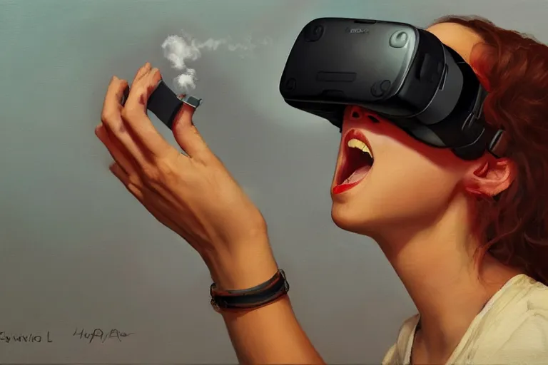 Prompt: a woman with a vr headset has a pill on her tongue and is hallucinating, a swirling cloud of pill by gerald brom, trending on artstation