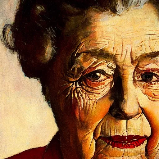 Image similar to close - up portrait of queen elizabeth painted as a sad beggar by norman rockwell, dramatic lighting