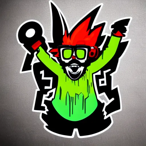 Image similar to svg vector sticker of absolutely insane-mad-scientist-villain, rocking out, wearing headphones, huge speakers, dancing, rave, DJ, spinning records, digital art, amazing composition, rule-of-thirds, award-winning, trending on artstation, featured on deviantart