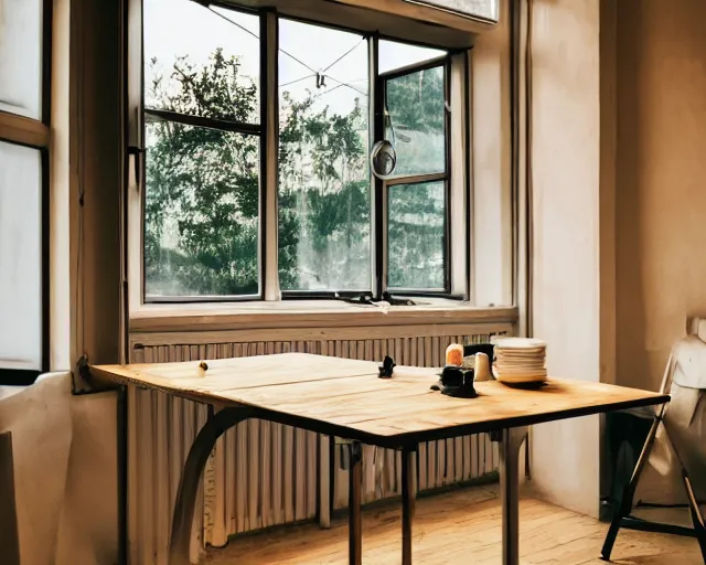 Prompt: a kitchen with a window and a table in front of it, a still life by bencho obreshkov, unsplash, dau - al - set, soft light, hdr, nightscape