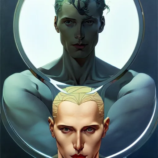 Prompt: art by joshua middleton, a tall chrome - skinned god walks the earth, reflective skin, chrome, skin with a mirrror like finish