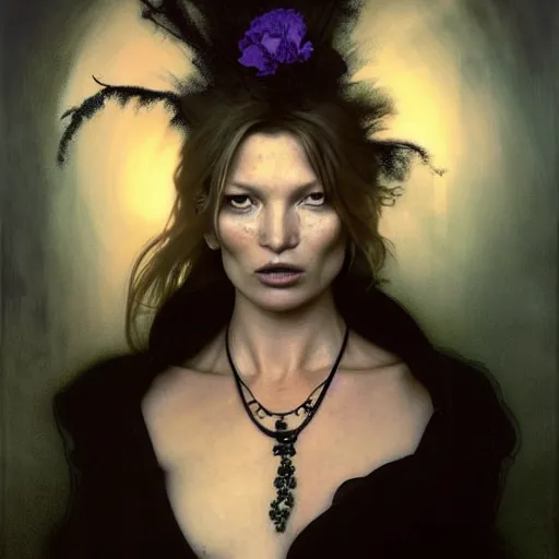 Prompt: hyperrealistic portrait of a woman as kate moss as a vampire witch tears makeup in a black flower coat turned back while closing a window over the shoulder shot portrait torn apart with falling petals in wind. by jeremy mann and alphonse mucha, fantasy art, photo realistic, dynamic lighting, artstation, poster, volumetric lighting, very detailed faces, 4 k, award winning