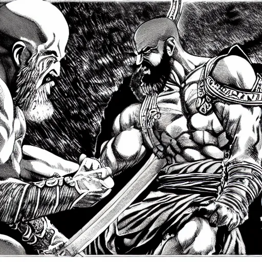 Prompt: god of war, kratos, fight scene still, manga, by kentaro miura