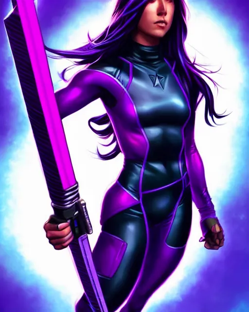 Image similar to Psylocke Chloe Bennet long hair, holding purple Halo energy sword, realistic character concept, action pose, comic book, illustration, slender symmetrical face and body, artstation, cinematic lighting, hyperdetailed, artgerm, 8k, Rafeal Albuquerque comic book art, single face, insanely detailed and intricate, beautiful