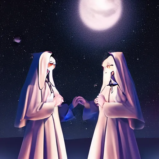 Image similar to two identical female nuns outside at night, starry sky, clean detailed anime art