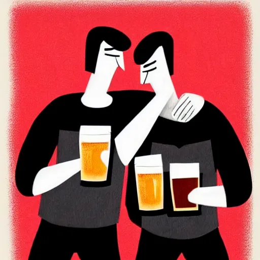 Image similar to two beautiful chad men drinking beer, red hearts, white heart, friendship, love, sadness, dark ambiance, concept by Godfrey Blow, featured on deviantart, drawing, sots art, lyco art, artwork, photoillustration, poster art