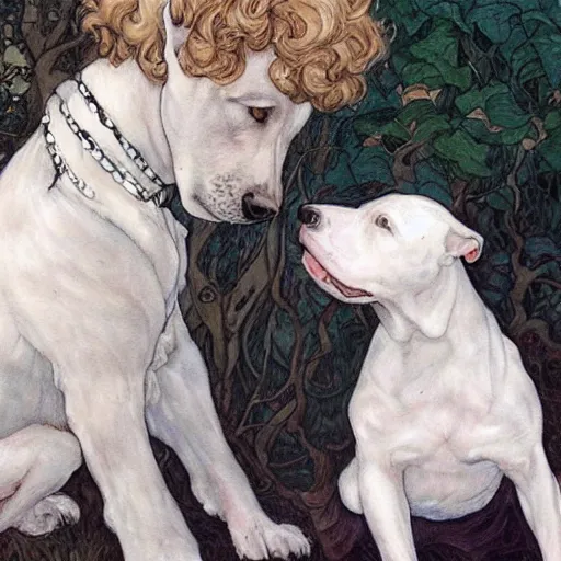 Image similar to pretty girl with curly blonde hair pets a white pitbull sitting next to her, painting by rebecca guay