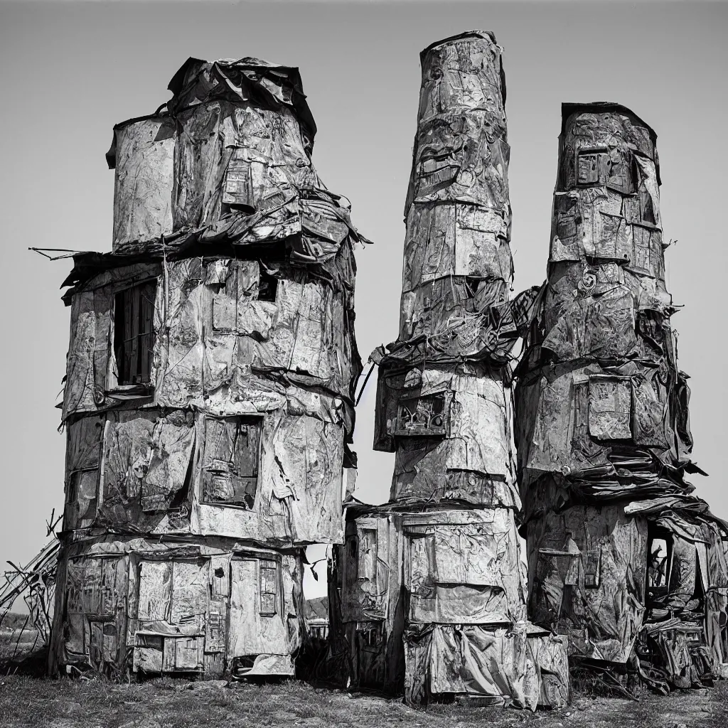 Image similar to two round towers, made up of makeshift squatter shacks, dystopia, mamiya rb 6 7, fully frontal view, very detailed, photographed by ansel adams