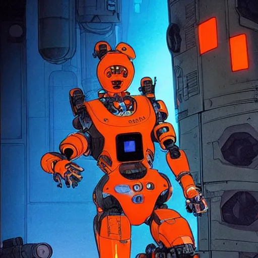 Image similar to cyberpunk athlete dude with robotic feet. orange and black color scheme. concept art by james gurney and mœbius. apex legends character art