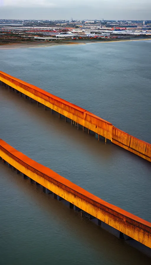 Image similar to color pentax photograph of a pristine, modern architecture storm surge barrier from an aerial perspective. epic colours and lighting!