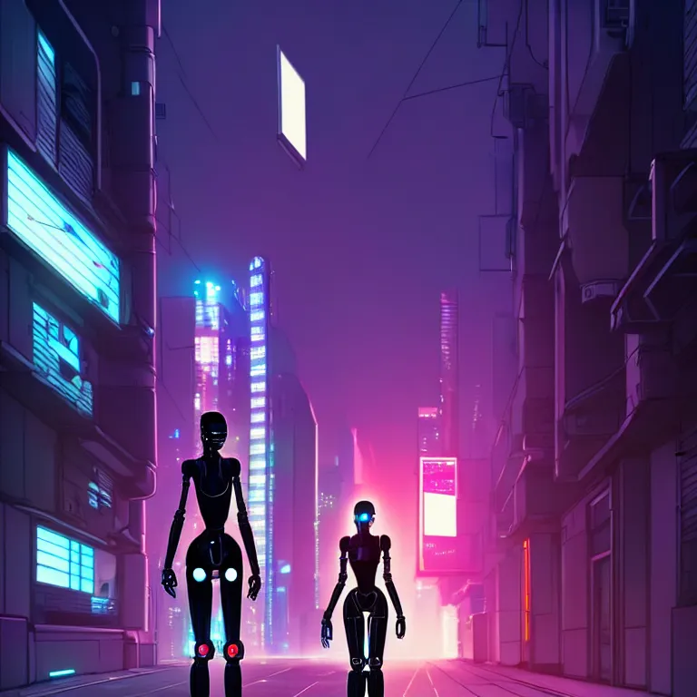 Image similar to a cyberpunk robot - girl stands in a cyberpunk street, at night, cinematic lighting, very detailed, style by tomino - sama