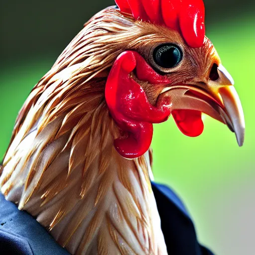 Image similar to a closeup shot of a chicken wearing a suit, photorealistic