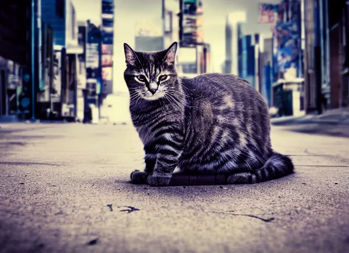 Image similar to photography of a Cat sitting on a box. in a cyberpunk street, award winning photo, 100mm, sharp, high res