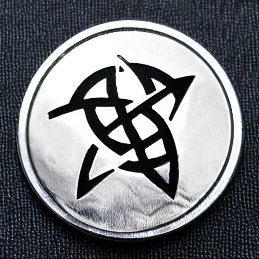 Image similar to metal round badge for clothes, atom and eternal life pattern, transhumanism, laser engraved on metal