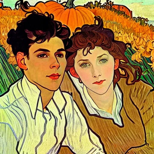 Image similar to painting of handsome young delicate beautiful jeffrey in his 2 0 s with brown hair and gorgeous rina together at the pumpkin patch in october, elegant, clear, painting, stylized, art, art by alphonse mucha, vincent van gogh, egon schiele