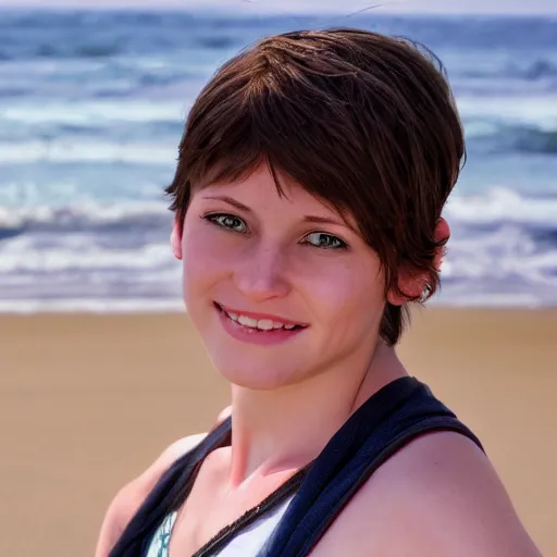 Prompt: rebecca chambers at the beach, 4 k, high detail, high - resolution photograph, professional photography, ultra - detail