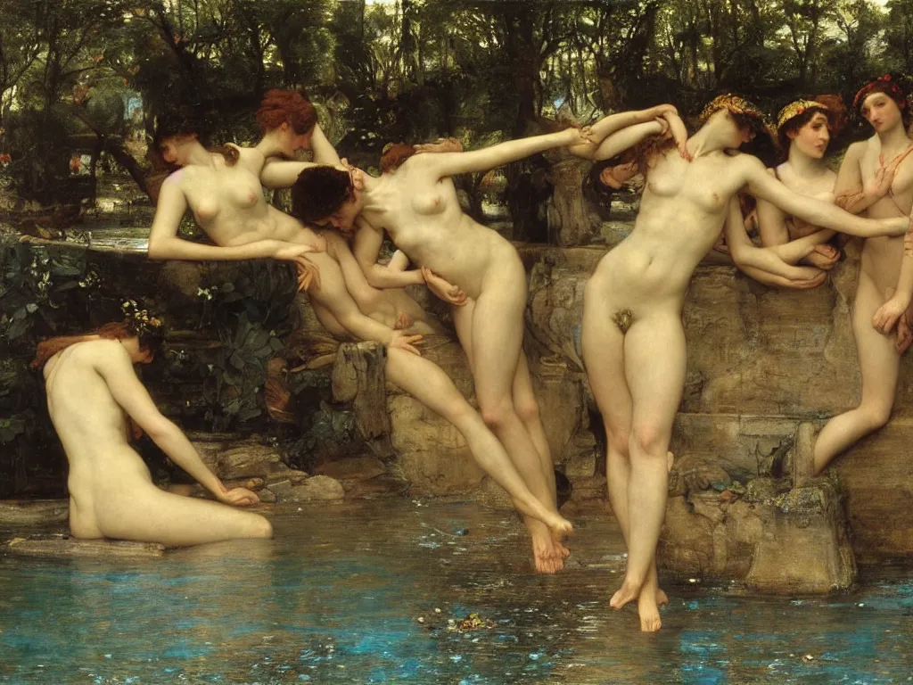 Prompt: swimming through the river hades. sir lawrence alma - tadema, john william godward, arnold bocklin, herbet james draper, caravaggio,