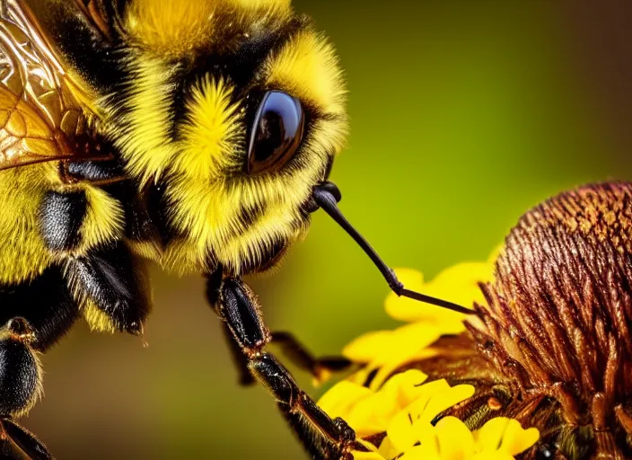 Image similar to super macro of a bee face drinking from a flower in the forest. fantasy magic style. highly detailed 8 k. intricate. nikon d 8 5 0 3 0 0 mm. award winning photography.