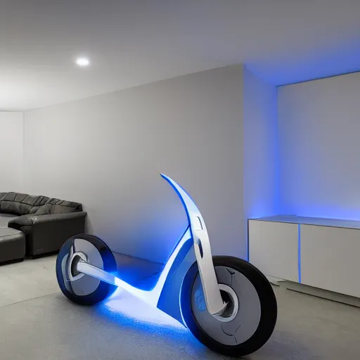 Image similar to a light cycle parked in a house garage