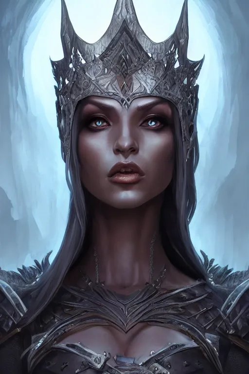 Image similar to dark elf queen, highly detailed, d & d, fantasy, highly detailed, digital painting, trending on artstation, concept art, sharp focus, illustration, global illumination, shaded, art by artgerm and greg rutkowski and fuji choko and viktoria gavrilenko and hoang lap