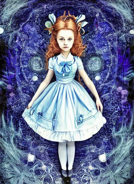 Image similar to alice in wonderland, young girl in blue dress with white apron, lolitastyle, clear symmetrical face portrait, fantasy, victorian gothic, cosmic energy, kaleidoscope, psychedelic, by tim burton, hiroshi yoshida, yoshitaka amano, tim burton, shaun tan, artgerm