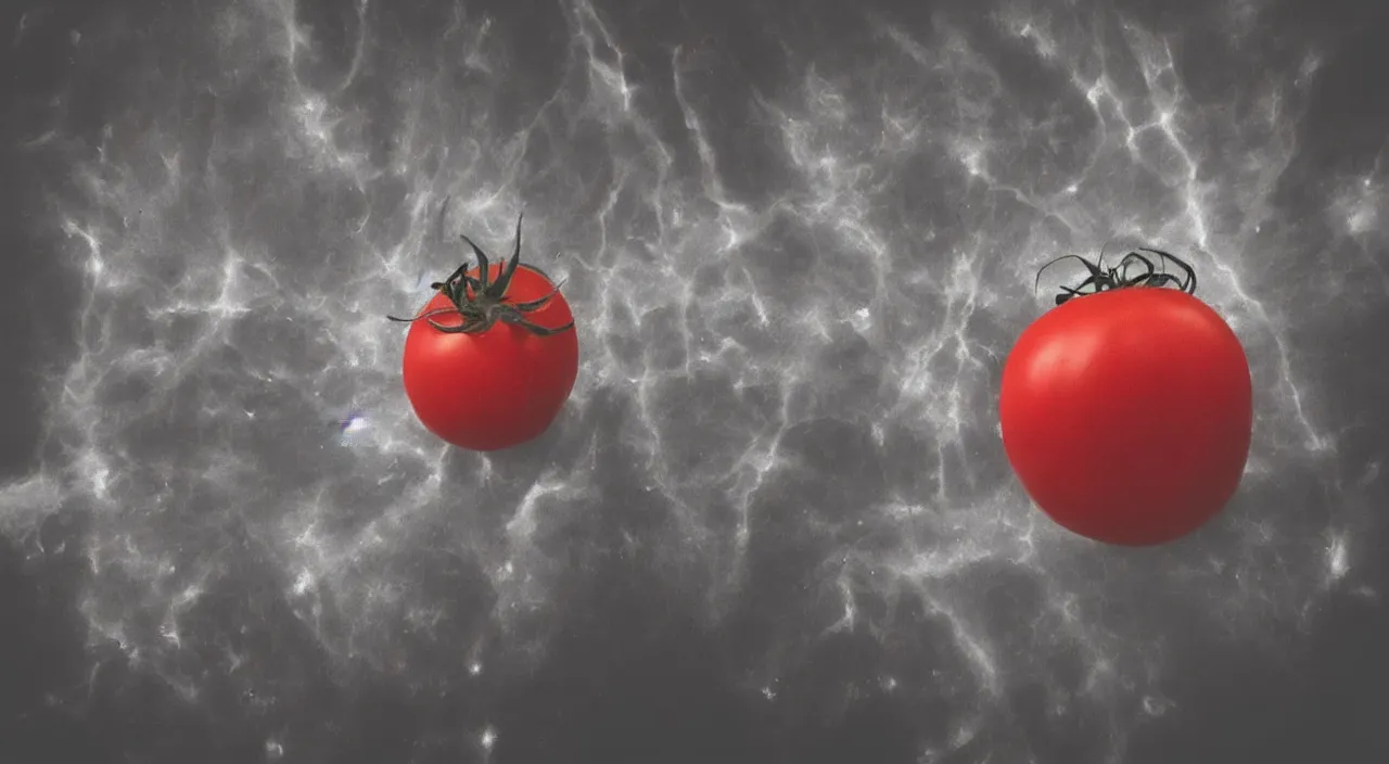 Image similar to “ a frighteningly red tomato, too red, glowing with an unearthly intensity, halos of light ”