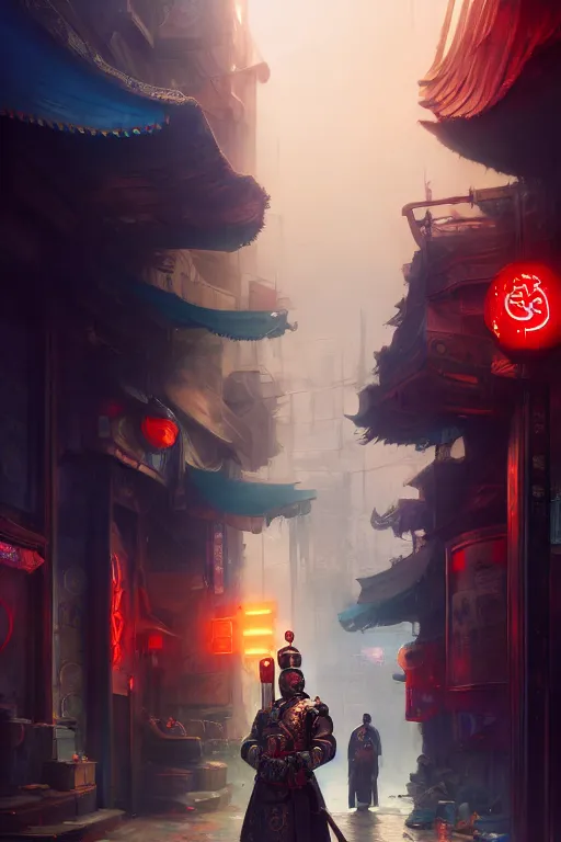 Prompt: a turkish janissary standing on a cyberpunk street, full body, extremely detailed digital painting, in the style of fenghua zhong and ruan jia and jeremy lipking and peter mohrbacher, mystical colors, rim light, beautiful lighting, 8 k, stunning scene, raytracing, octane, trending on artstation