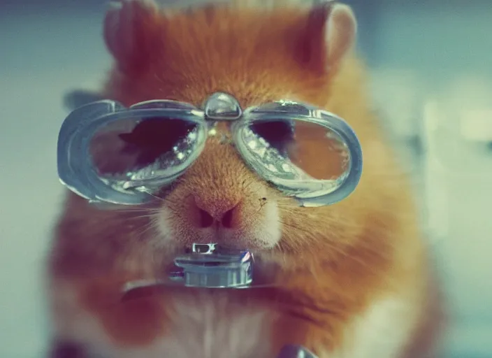 Image similar to film still of a hamster wearing goggles working in a research lab using a tiny microscope, 8 k